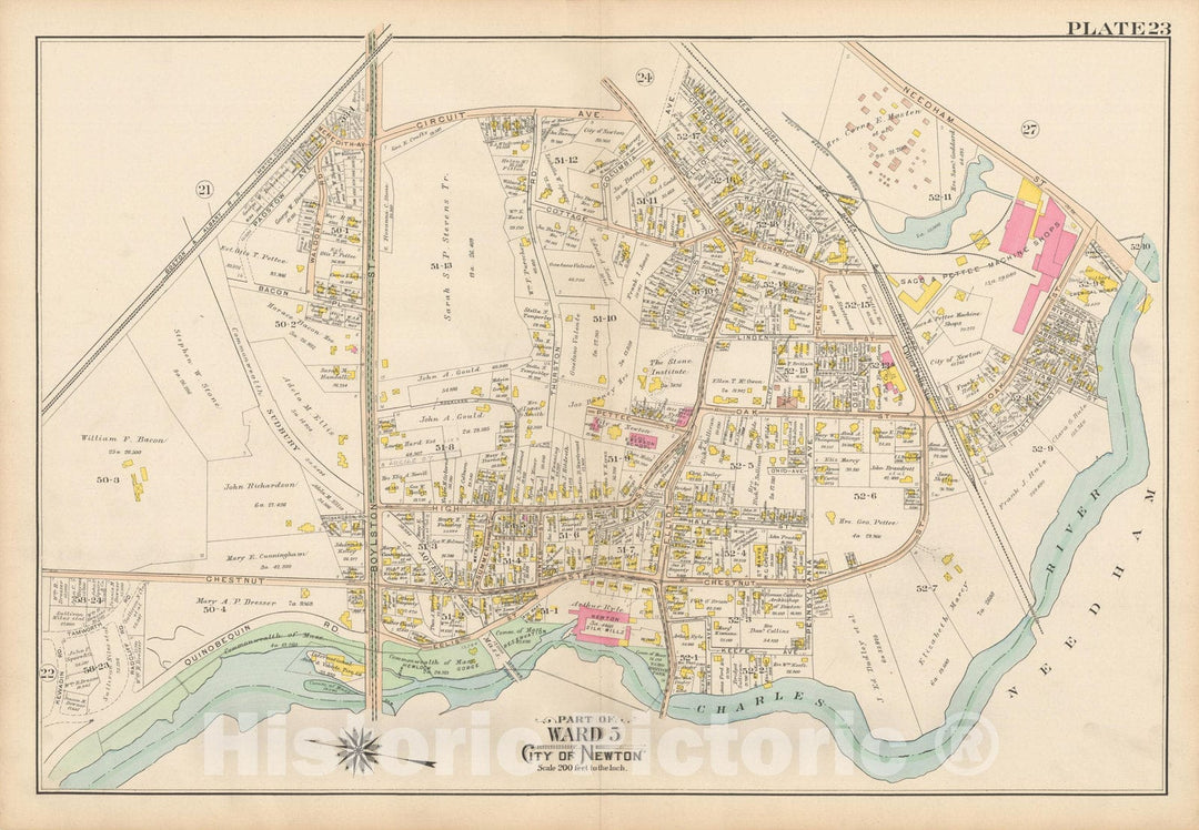 Historic Map : Atlas City of Newton, MA, Newton 1907 Plate 023 , Vintage Wall Art