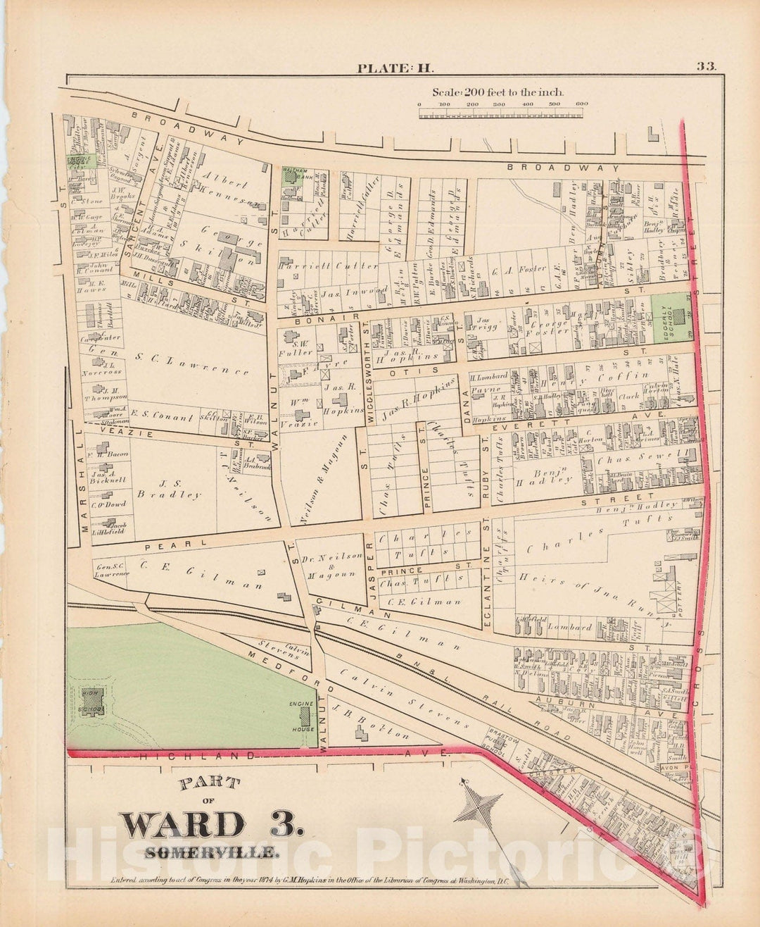 Historic Map : Atlas City of Somerville, Somerville 1874 Plate H , Vintage Wall Art