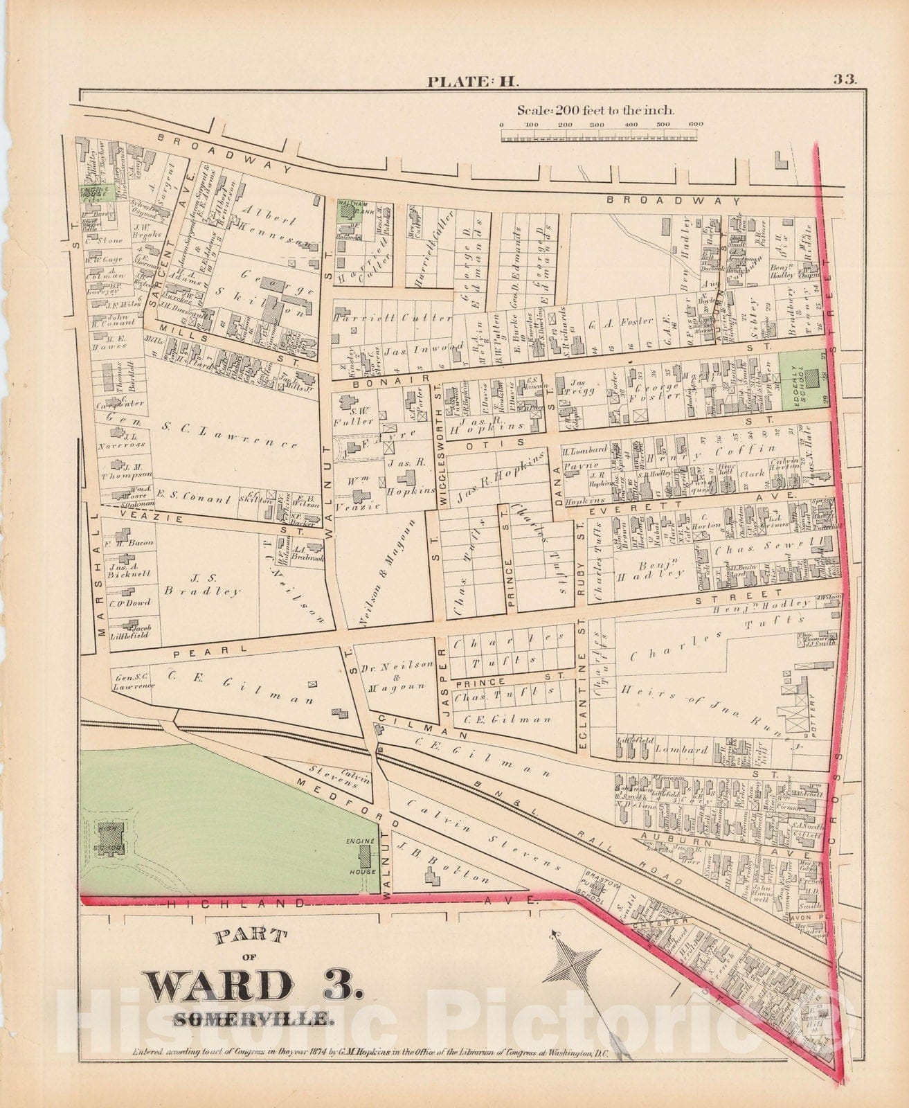 Historic Map : Atlas City of Somerville, Somerville 1874 Plate H , Vintage Wall Art
