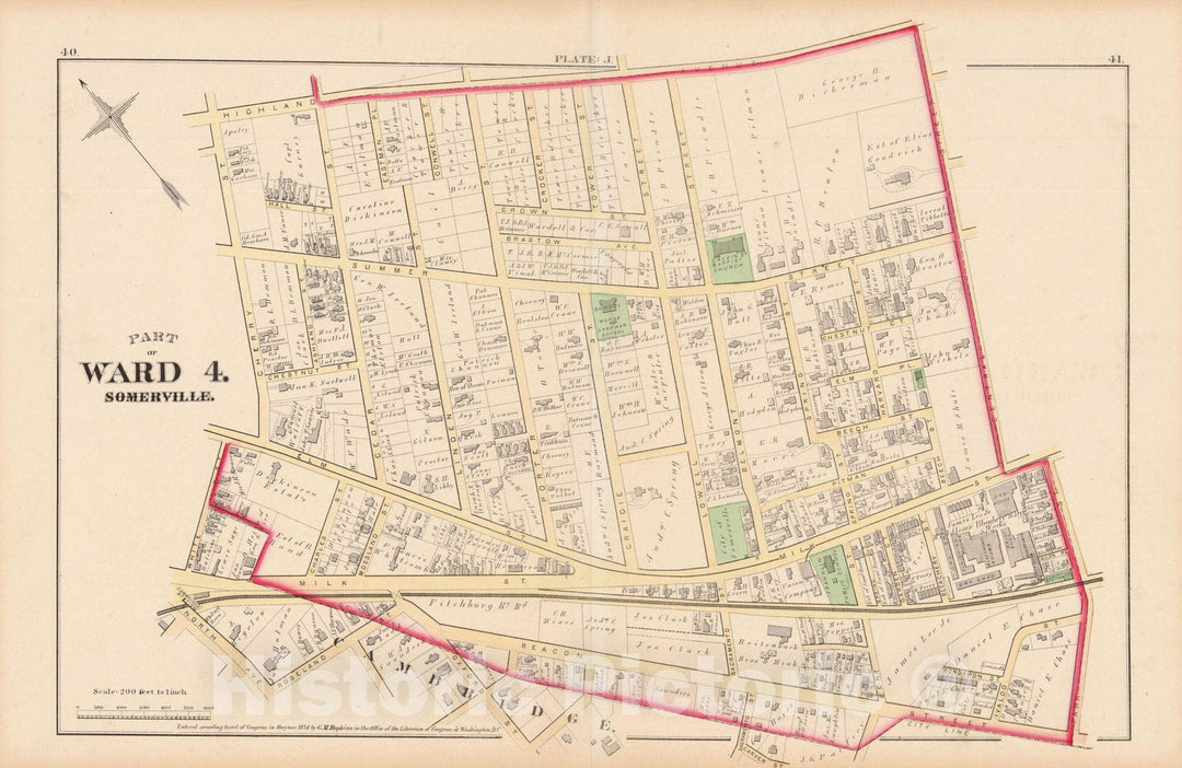 Historic Map : Atlas City of Somerville, Somerville 1874 Plate J , Vintage Wall Art