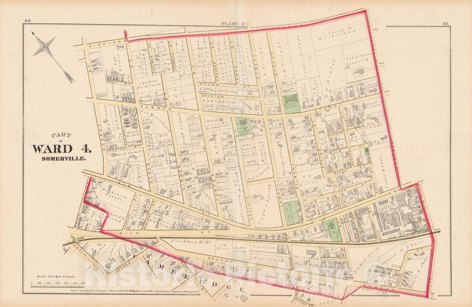 Historic Map : Atlas City of Somerville, Somerville 1874 Plate J , Vintage Wall Art