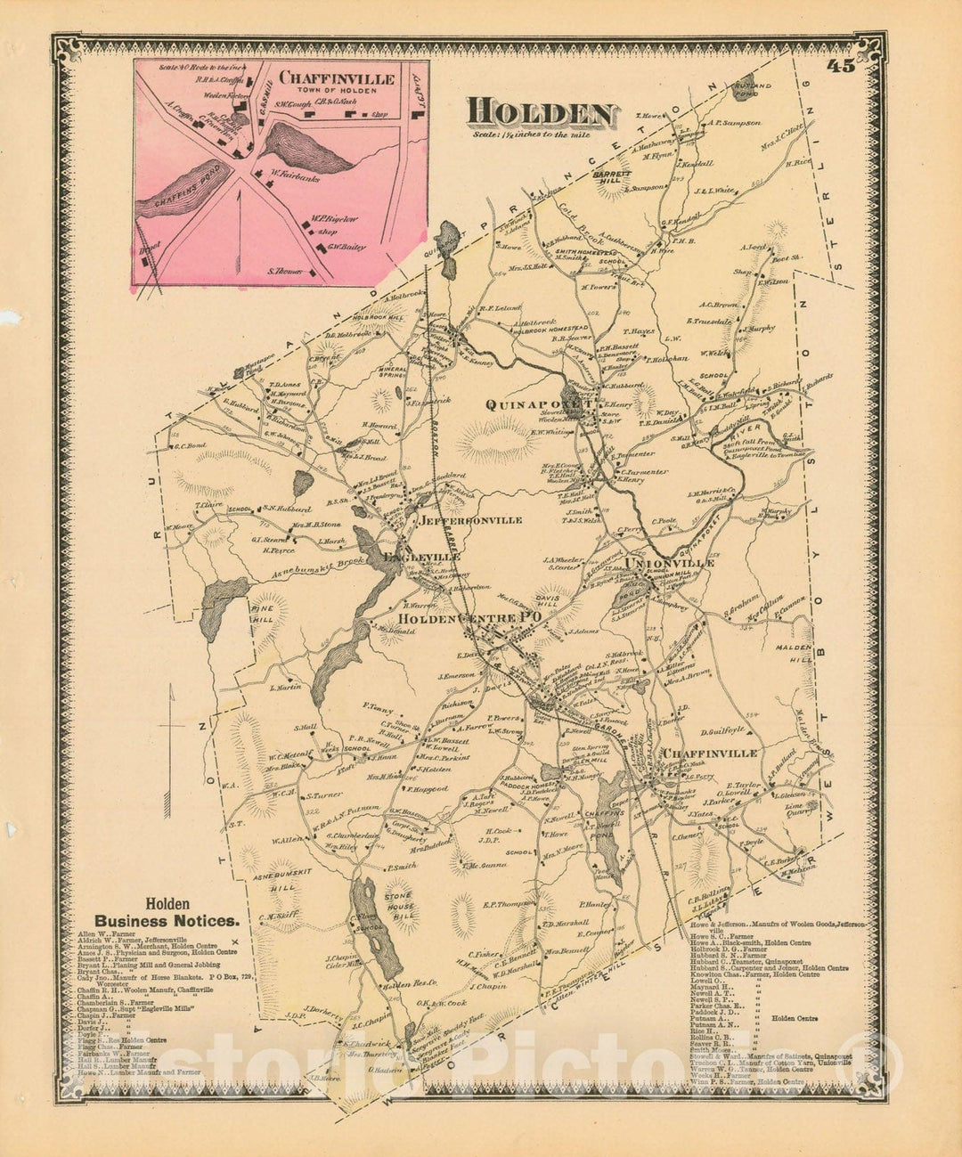 Historic Map : Atlas of Worcester County, Massachsuetts, Holden 1870 , Vintage Wall Art