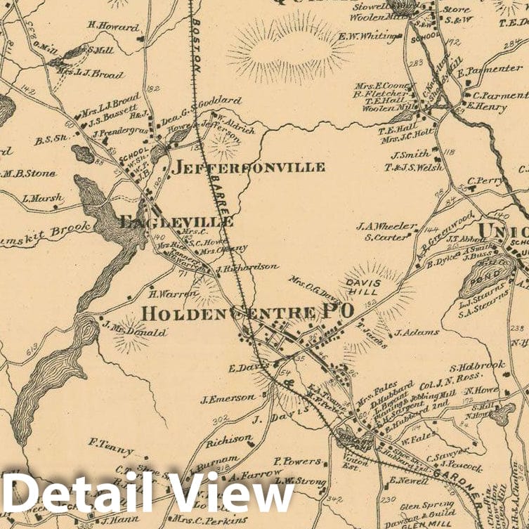 Historic Map : Atlas of Worcester County, Massachsuetts, Holden 1870 , Vintage Wall Art