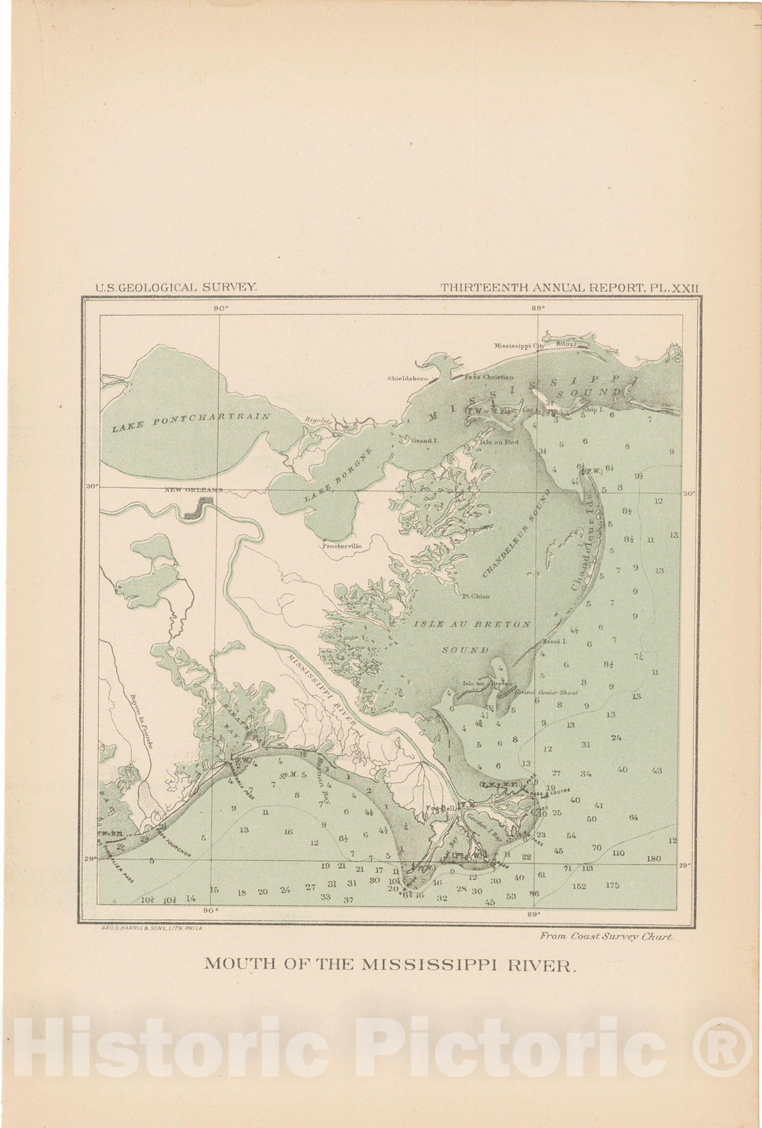 Historic Map : Mouth of the Mississippi River 1893 Topographic Map , 13th Annual Report of the US Geological Survey , Vintage Wall Art