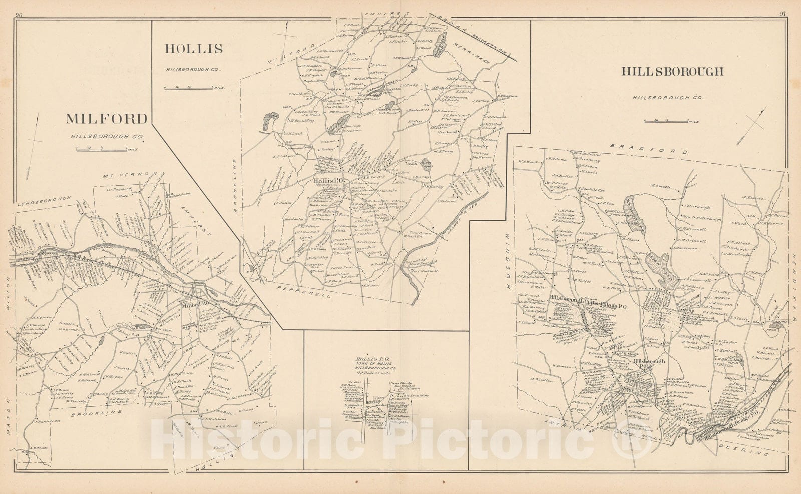 Historic Map : Hillsborough & Hollis & Milford 1892 , Town and City Atlas State of New Hampshire , Vintage Wall Art