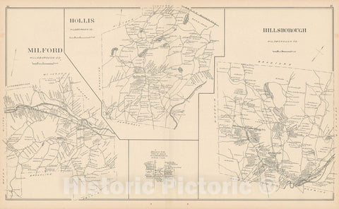 Historic Map : Hillsborough & Hollis & Milford 1892 , Town and City Atlas State of New Hampshire , Vintage Wall Art