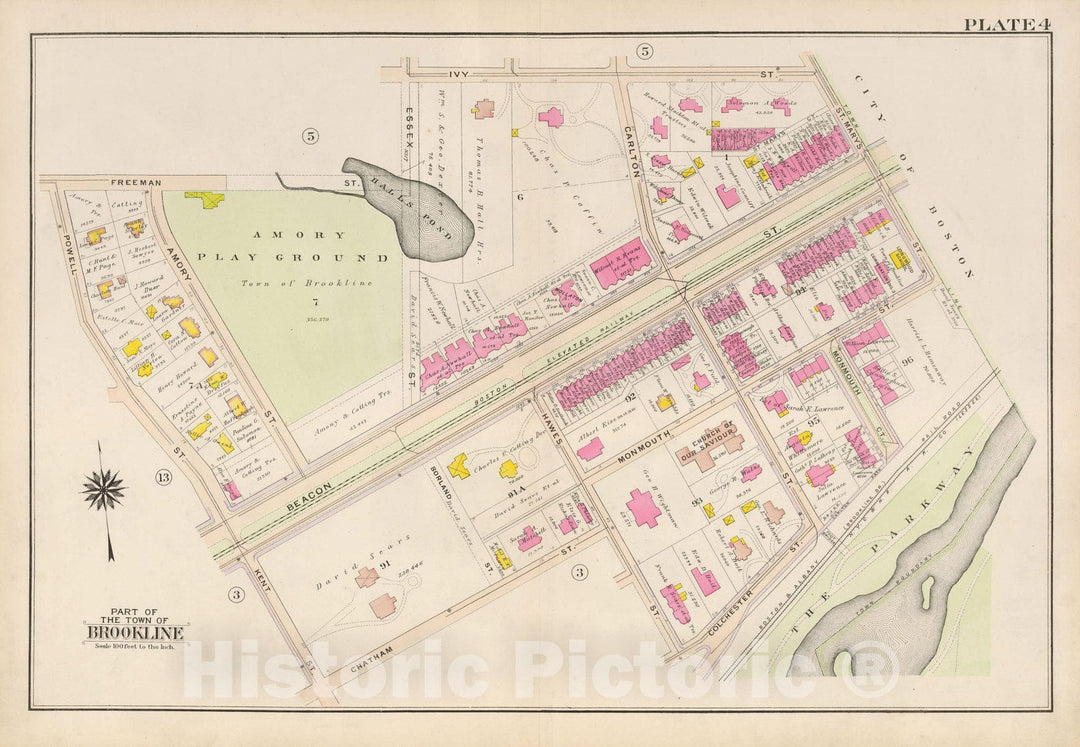 Historic Map : Atlas Town of Brookline, Brookline 1907 Plate 004 , Vintage Wall Art
