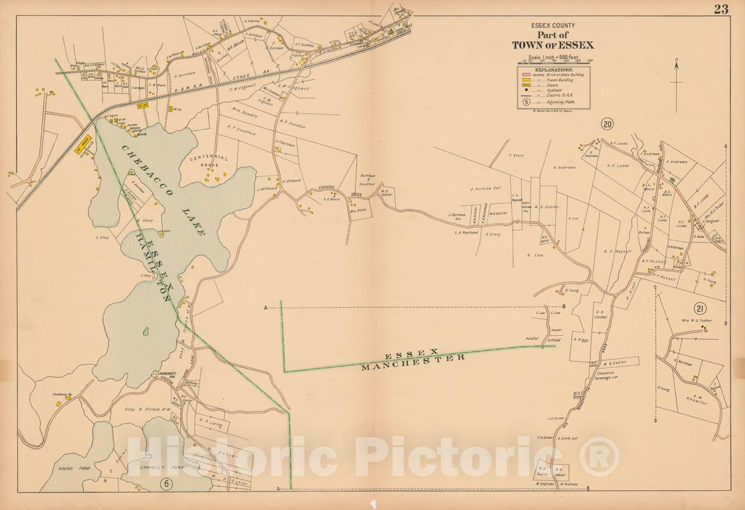 Historic Map : Atlas Towns of Topsfield, Ipswich, Essex, Hamilton and Wenham, Essex County, MA, Essex 1910 Plate 023 , Vintage Wall Art