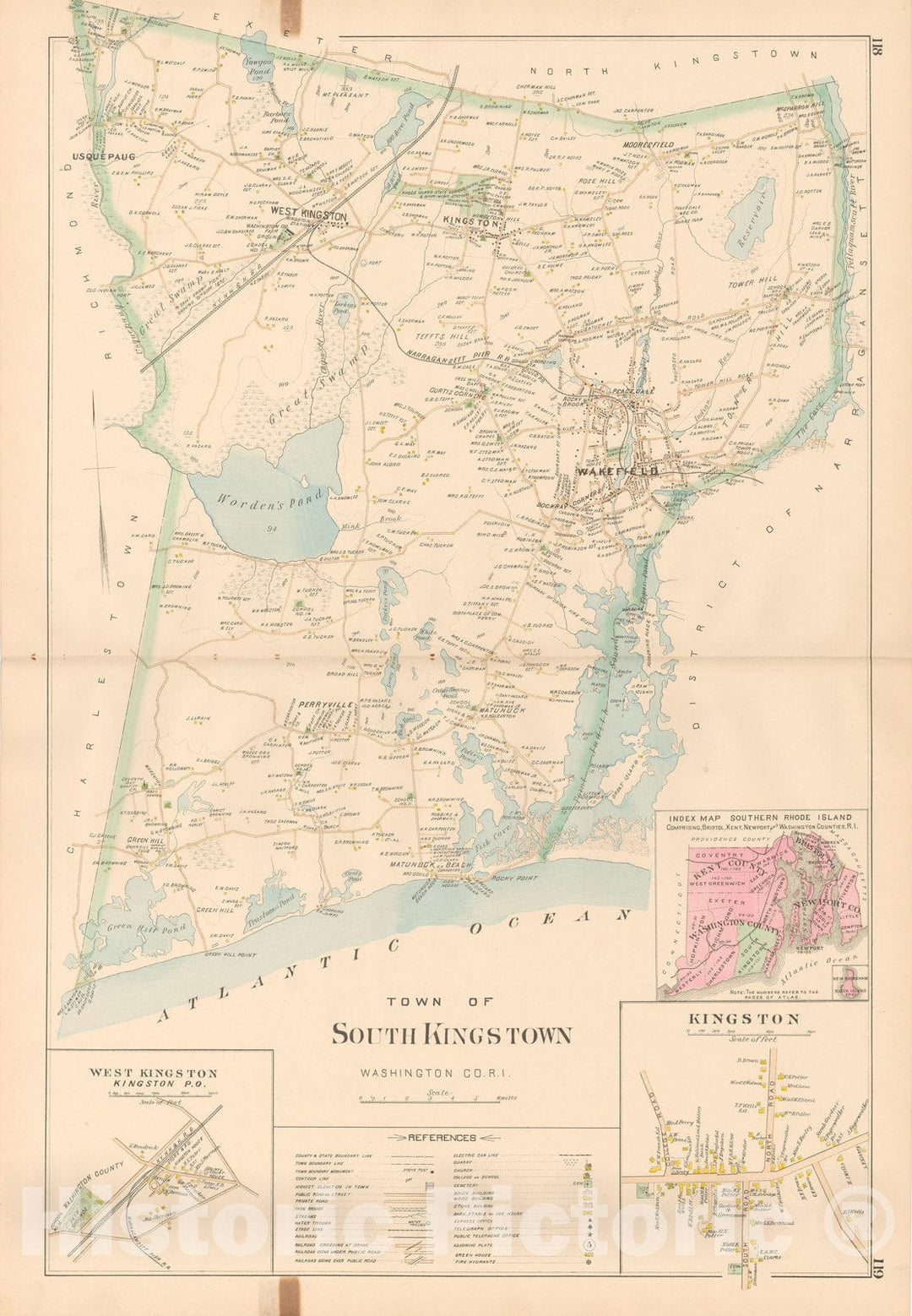 Historic Map : Atlas of Southern Rhode Island, South Kingstown 1895 , Vintage Wall Art