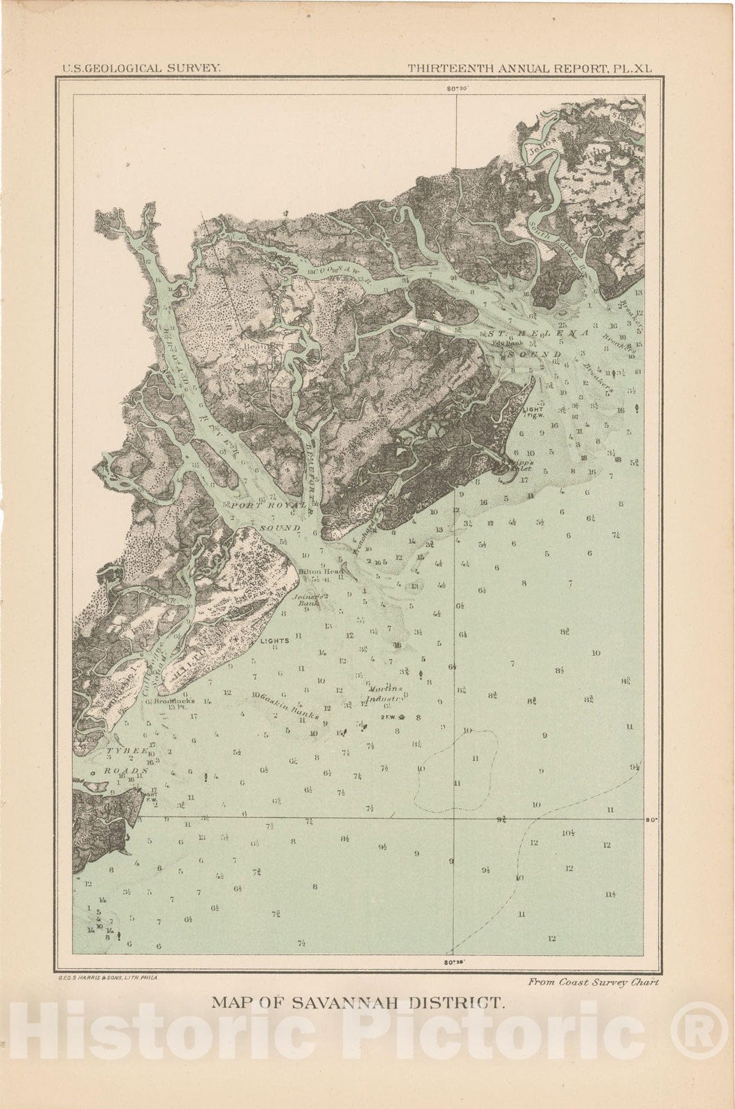 Historic Map : Savannah District 1893 Topographic Map , 13th Annual Report of the US Geological Survey , Vintage Wall Art