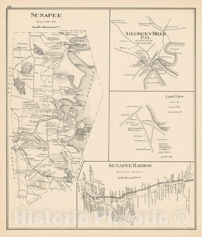 Historic Map : Sunapee 1892 , Town and City Atlas State of New Hampshire , Vintage Wall Art