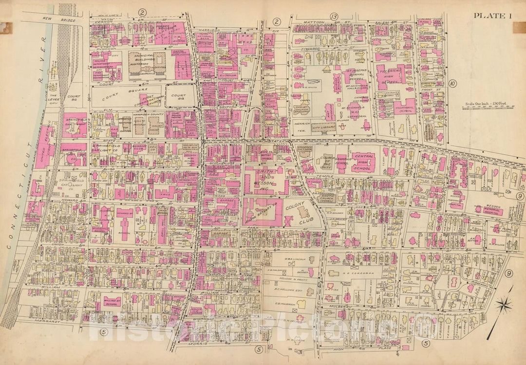 Historic Map : Atlas City of Springfield and the Town of Longmeadow 1920 Plate 001 , Vintage Wall Art