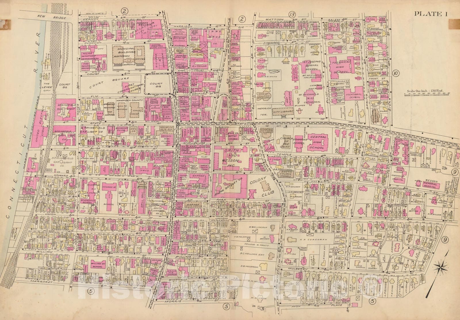 Historic Map : Atlas City of Springfield and the Town of Longmeadow 1920 Plate 001 , Vintage Wall Art