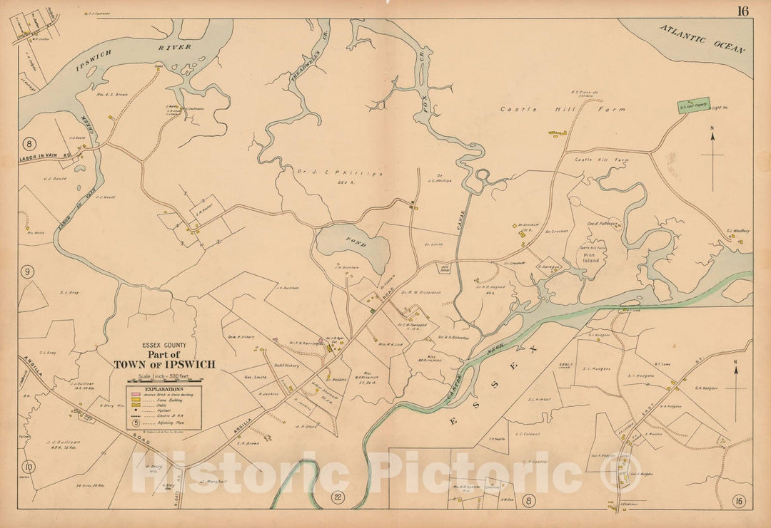 Historic Map : Atlas Towns of Topsfield, Ipswich, Essex, Hamilton and Wenham, Essex County, MA, Ipswich 1910 Plate 016 , Vintage Wall Art