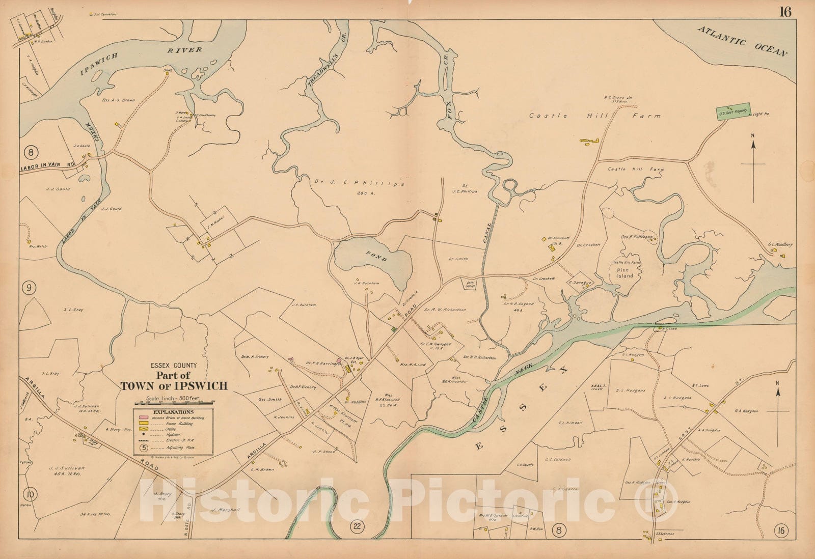 Historic Map : Atlas Towns of Topsfield, Ipswich, Essex, Hamilton and Wenham, Essex County, MA, Ipswich 1910 Plate 016 , Vintage Wall Art