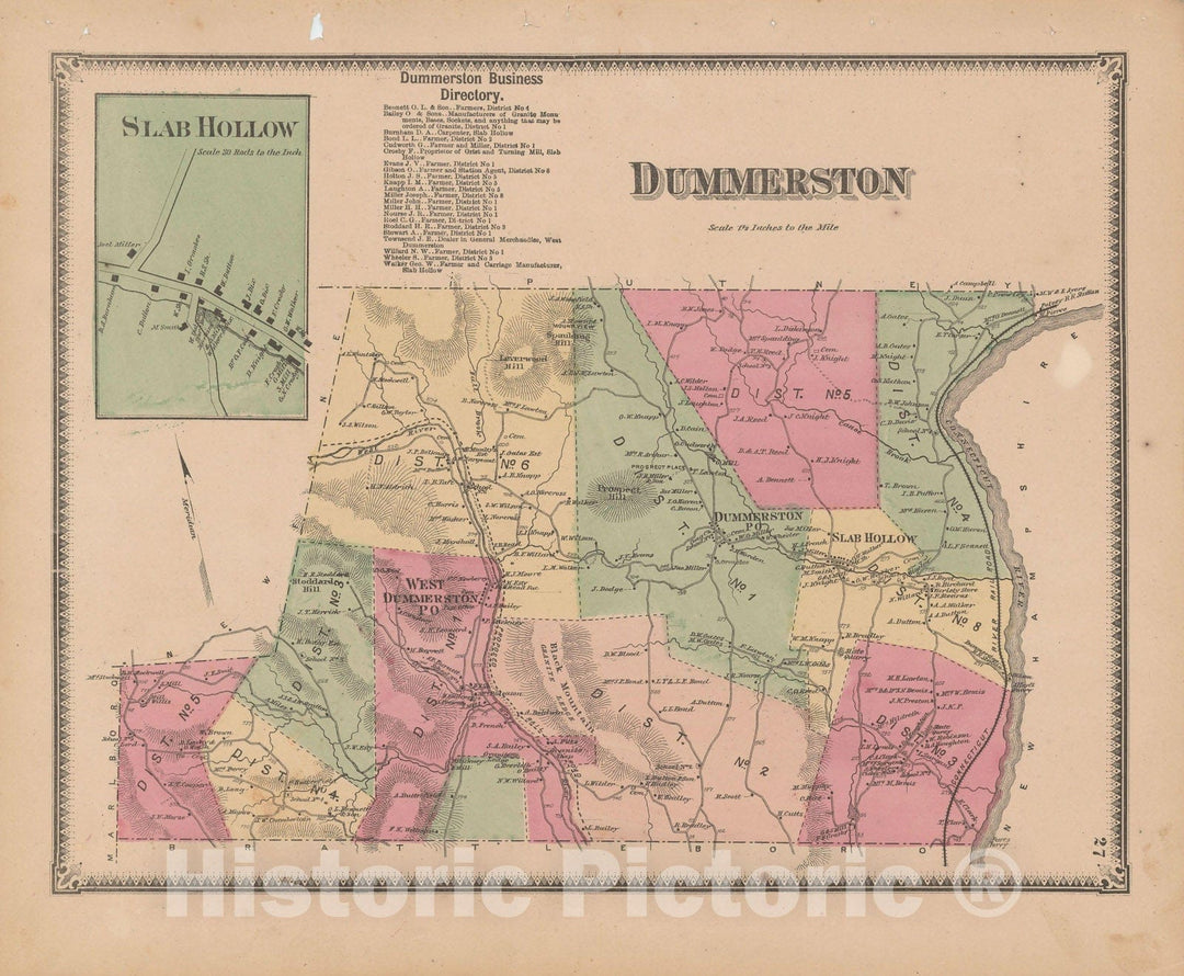 Historic Map : Atlas of Windham County, VT, Dummerston 1869 , Vintage Wall Art