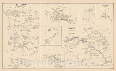 Historic Map : Loudon & Warner 1892 , Town and City Atlas State of New Hampshire , Vintage Wall Art