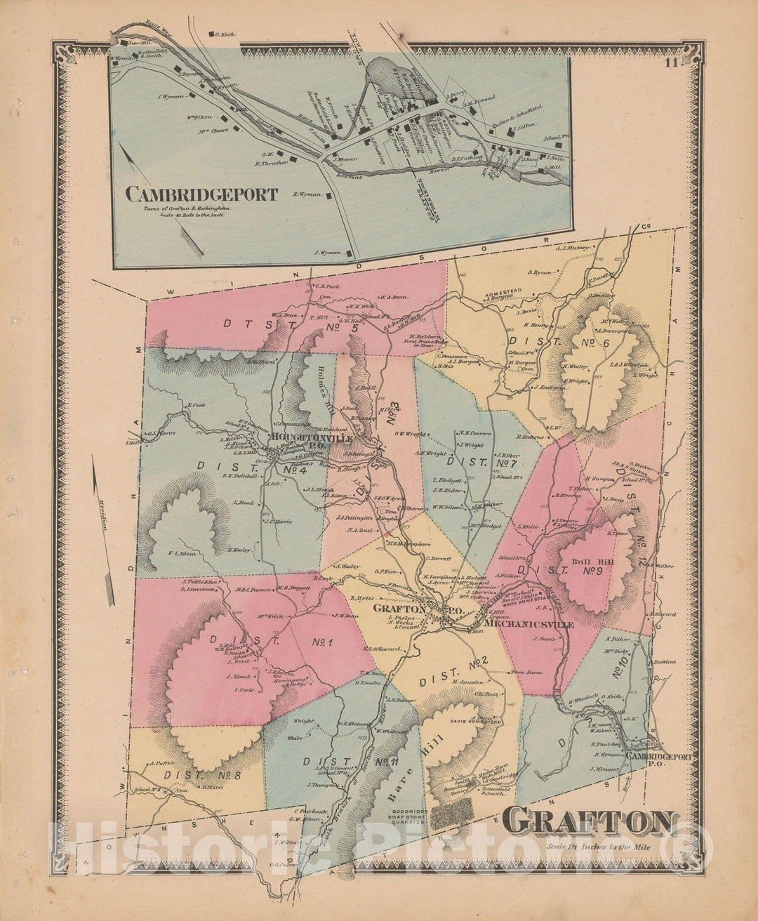 Historic Map : Atlas of Windham County, VT, Grafton & Rockingham 1869 , Vintage Wall Art