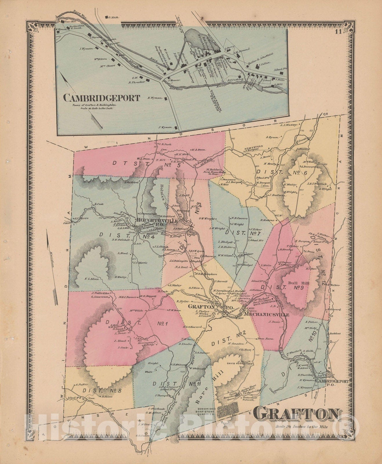 Historic Map : Atlas of Windham County, VT, Grafton & Rockingham 1869 , Vintage Wall Art