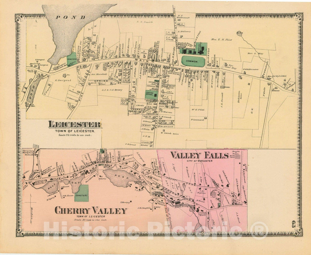 Historic Map : Atlas of Worcester County, Massachsuetts, Leicester 1870 , Vintage Wall Art