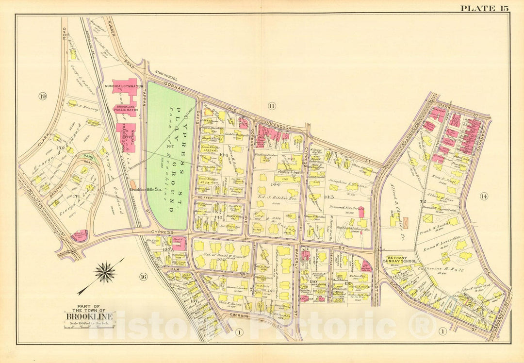 Historic Map : Atlas Town of Brookline, Norfolk County Massachusetts, Brookline 1913 Plate 015 , Vintage Wall Art