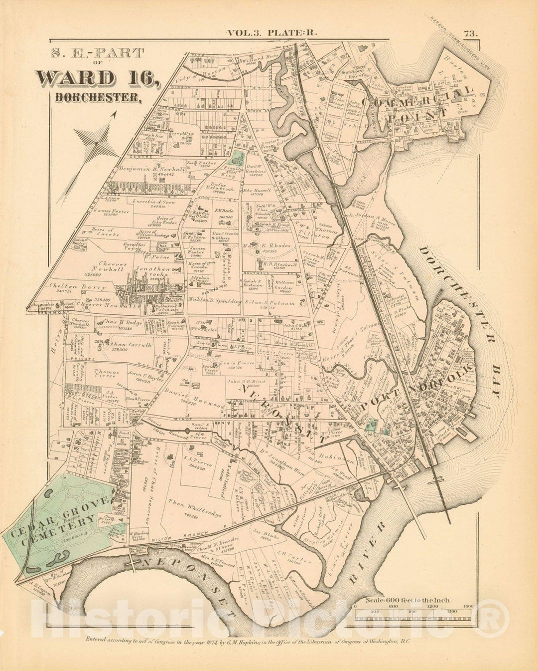 Historic Map : Atlas of County of Suffolk, MA Vol. 3rd, Dorchester 1874 Plate R , Vintage Wall Art