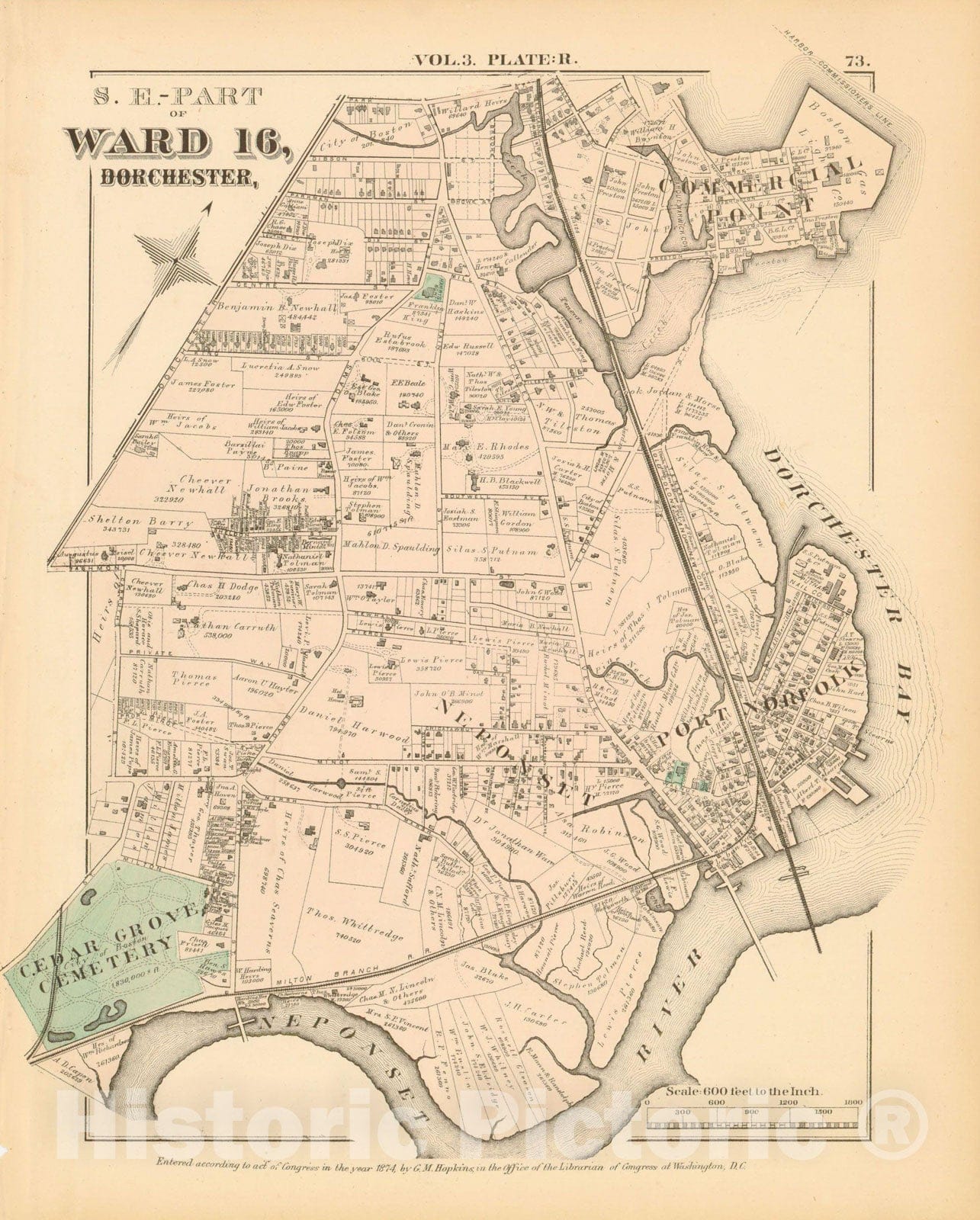 Historic Map : Atlas of County of Suffolk, MA Vol. 3rd, Dorchester 1874 Plate R , Vintage Wall Art