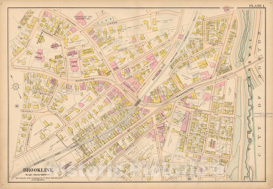 Historic Map : Atlas Town of Brookline, Brookline 1897 Plate 001 , Vintage Wall Art