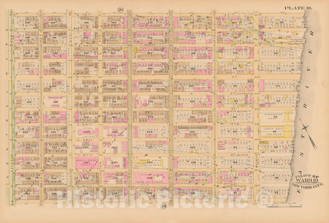 Historic Map : Manhattan & New York City 1885 Plate 019 , Robinson's Atlas City of New York , Vintage Wall Art