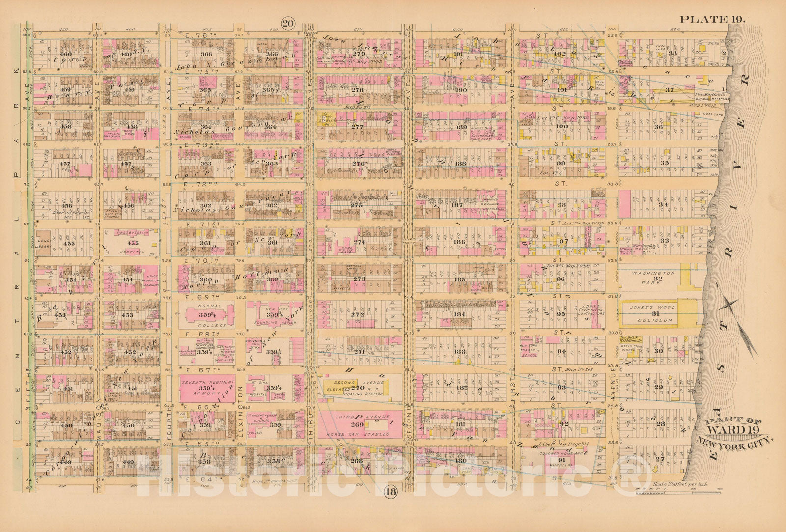 Historic Map : Manhattan & New York City 1885 Plate 019 , Robinson's Atlas City of New York , Vintage Wall Art
