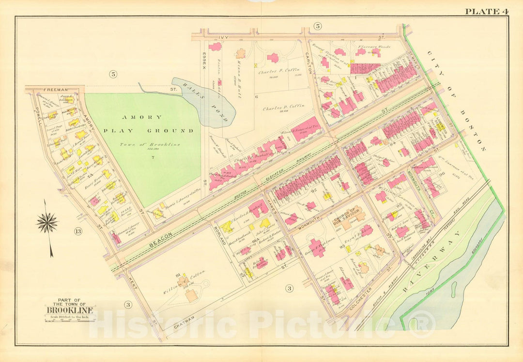 Historic Map : Atlas Town of Brookline, Norfolk County Massachusetts, Brookline 1913 Plate 004 , Vintage Wall Art