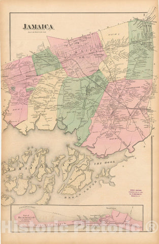 Historic Map : Atlas of Long Island, New York, Jamaica & Queens & Rockaway 1873 , Vintage Wall Art