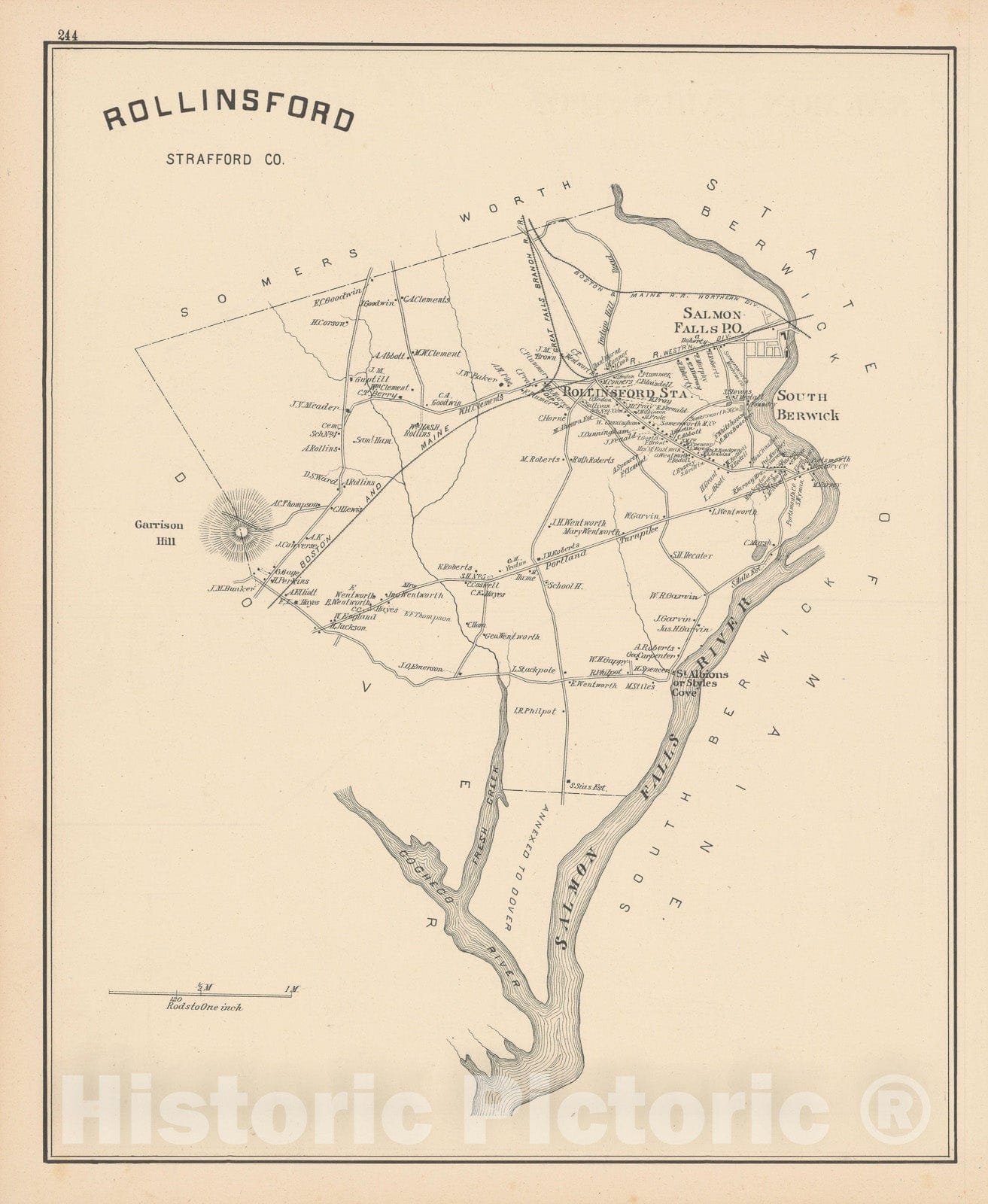 Historic Map : Rollinsford 1892 , Town and City Atlas State of New Hampshire , Vintage Wall Art