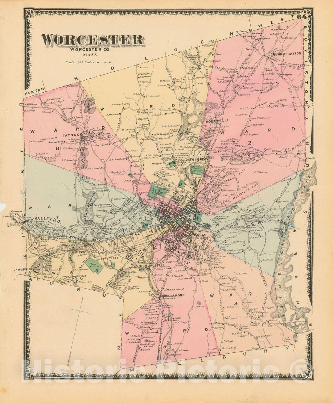 Historic Map : Atlas of Worcester County, Massachsuetts, Worcester 1870 , Vintage Wall Art