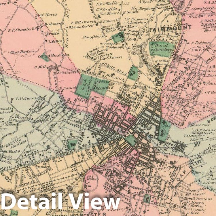 Historic Map : Atlas of Worcester County, Massachsuetts, Worcester 1870 , Vintage Wall Art