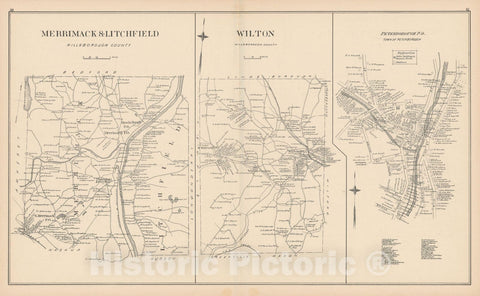 Historic Map : Litchfield & Merrimack & Peterborough & Wilton 1892 , Town and City Atlas State of New Hampshire , Vintage Wall Art