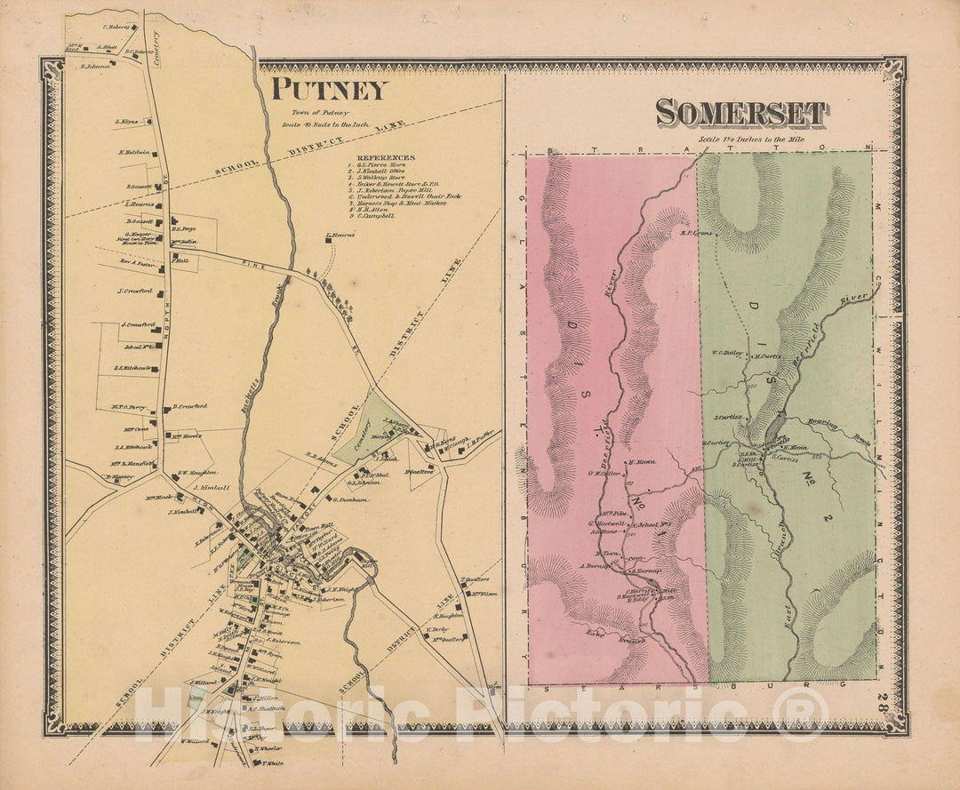 Historic Map : Atlas of Windham County, VT, Putney & Somerset 1869 , Vintage Wall Art
