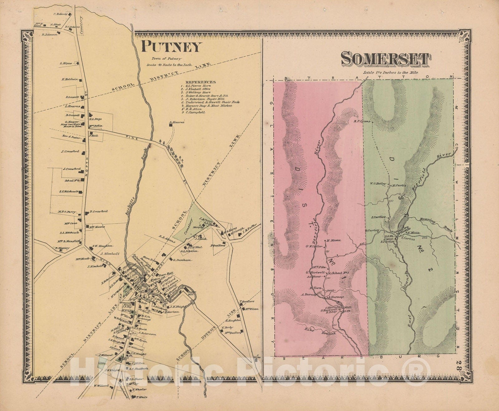 Historic Map : Atlas of Windham County, VT, Putney & Somerset 1869 , Vintage Wall Art