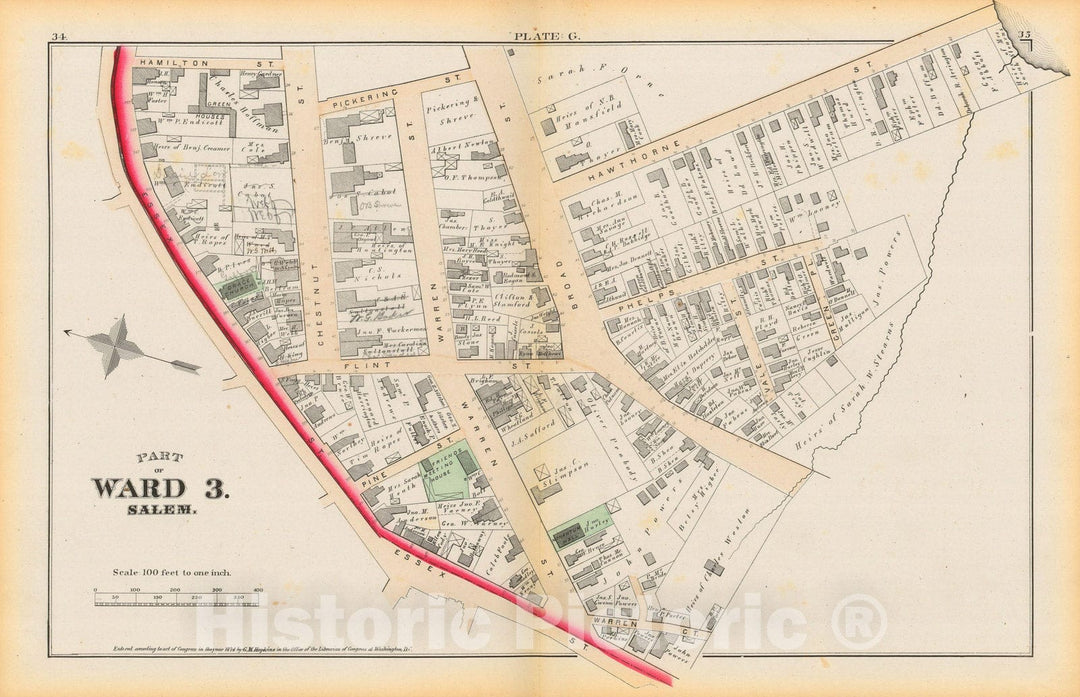 Historic Map : Atlas City of Salem, Massachusetts, Salem 1874 Plate G , Vintage Wall Art
