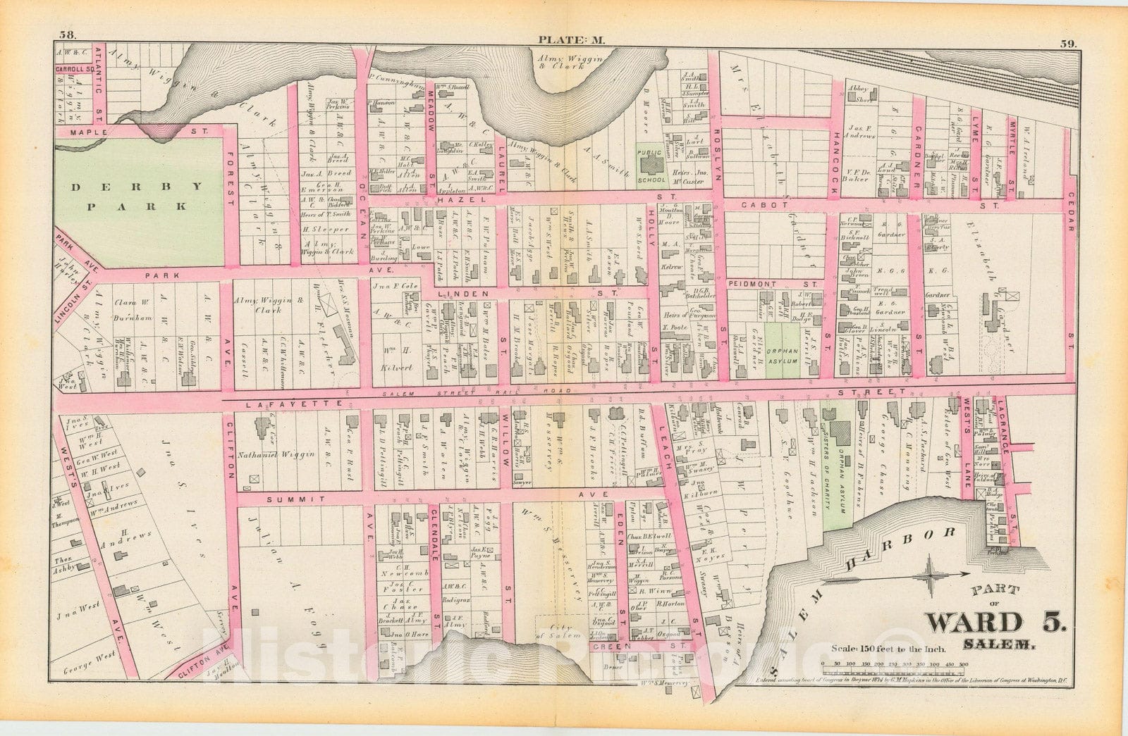 Historic Map : Atlas City of Salem, Massachusetts, Salem 1874 Plate M , Vintage Wall Art