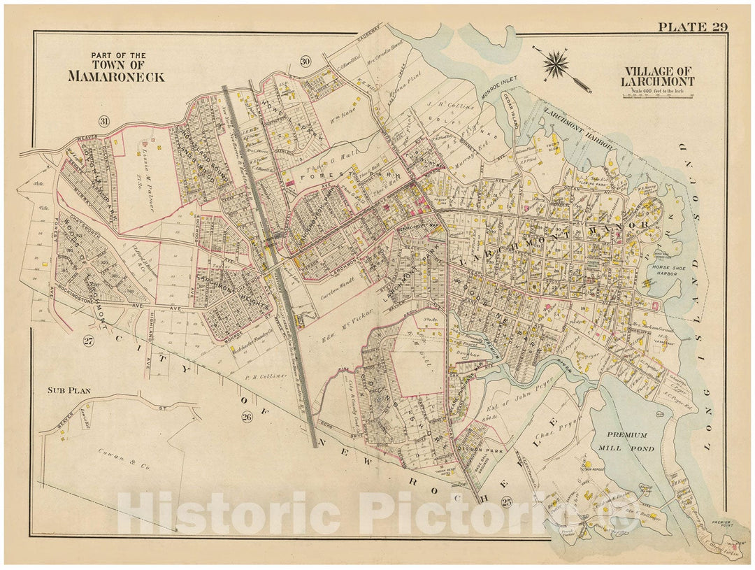 Historic Map : Atlas of Westchester County, NY, Vol. 1, Larchmont & Mamaroneck 1910 Plate 029 , Vintage Wall Art