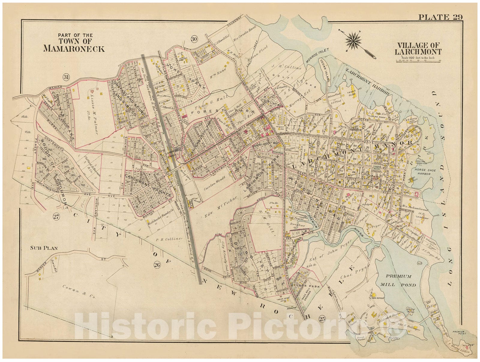 Historic Map : Atlas of Westchester County, NY, Vol. 1, Larchmont & Mamaroneck 1910 Plate 029 , Vintage Wall Art