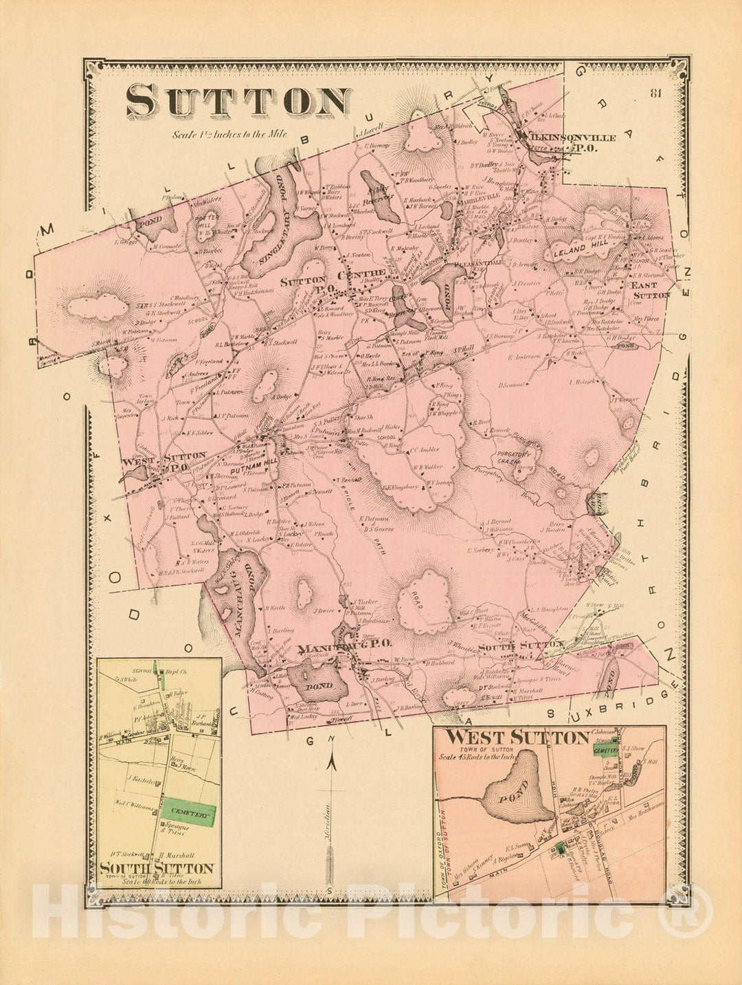 Historic Map : Atlas of Worcester County, Massachsuetts, Sutton 1870 , Vintage Wall Art