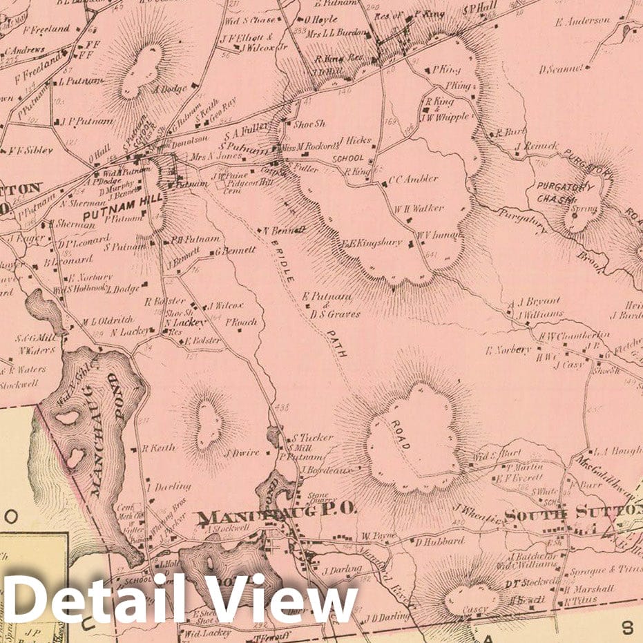 Historic Map : Atlas of Worcester County, Massachsuetts, Sutton 1870 , Vintage Wall Art