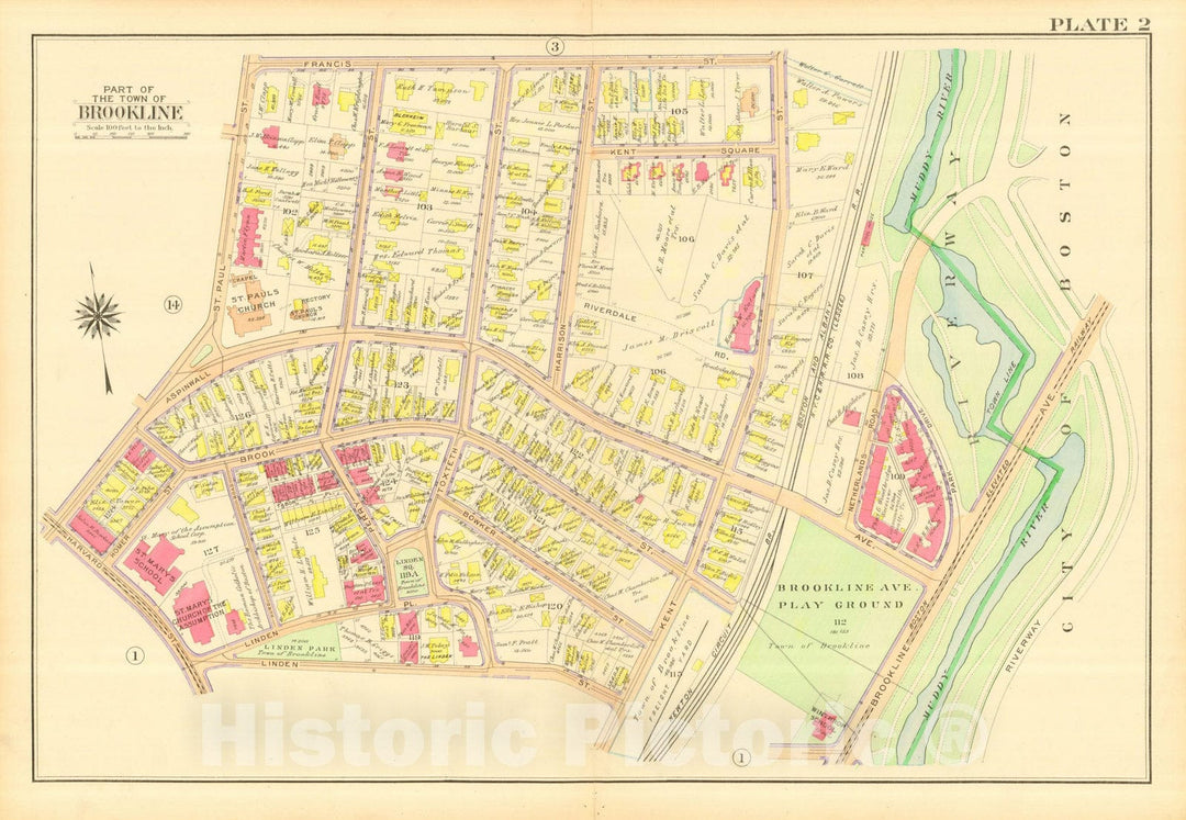 Historic Map : Atlas Town of Brookline, Norfolk County Massachusetts, Brookline 1913 Plate 002 , Vintage Wall Art