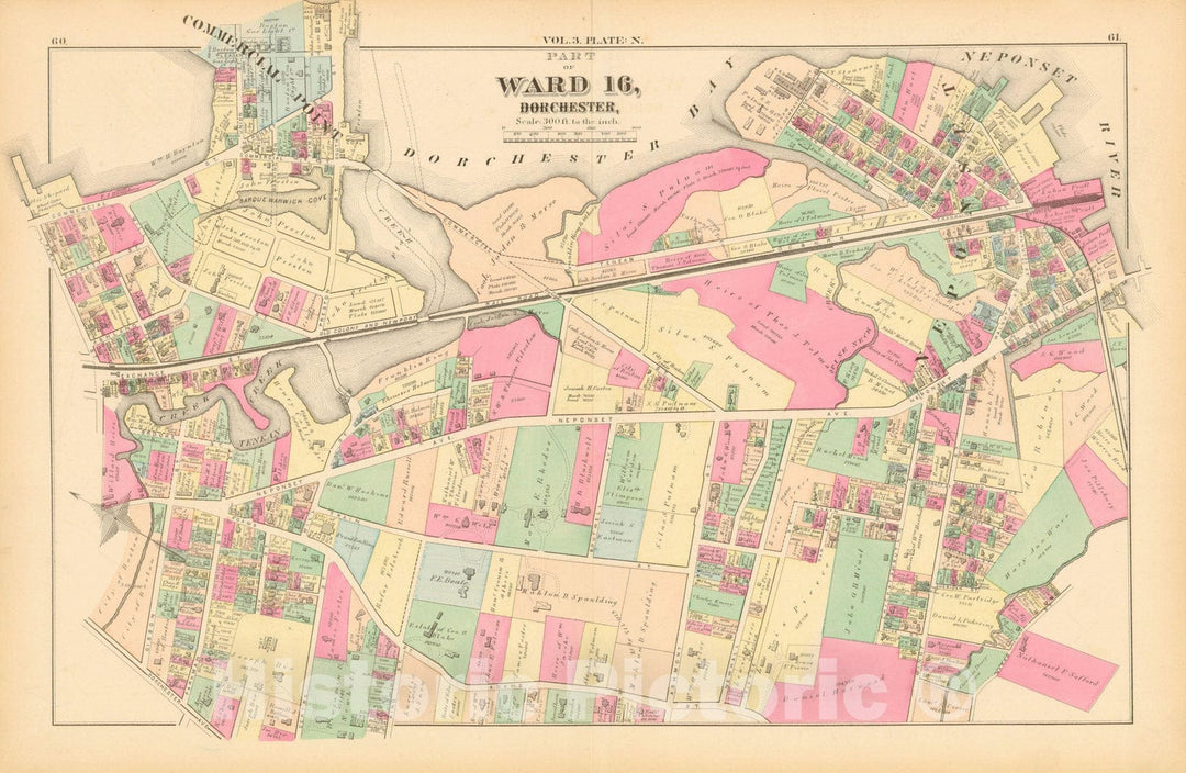 Historic Map : Atlas of County of Suffolk, MA Vol. 3rd, Dorchester 1874 Plate N , Vintage Wall Art