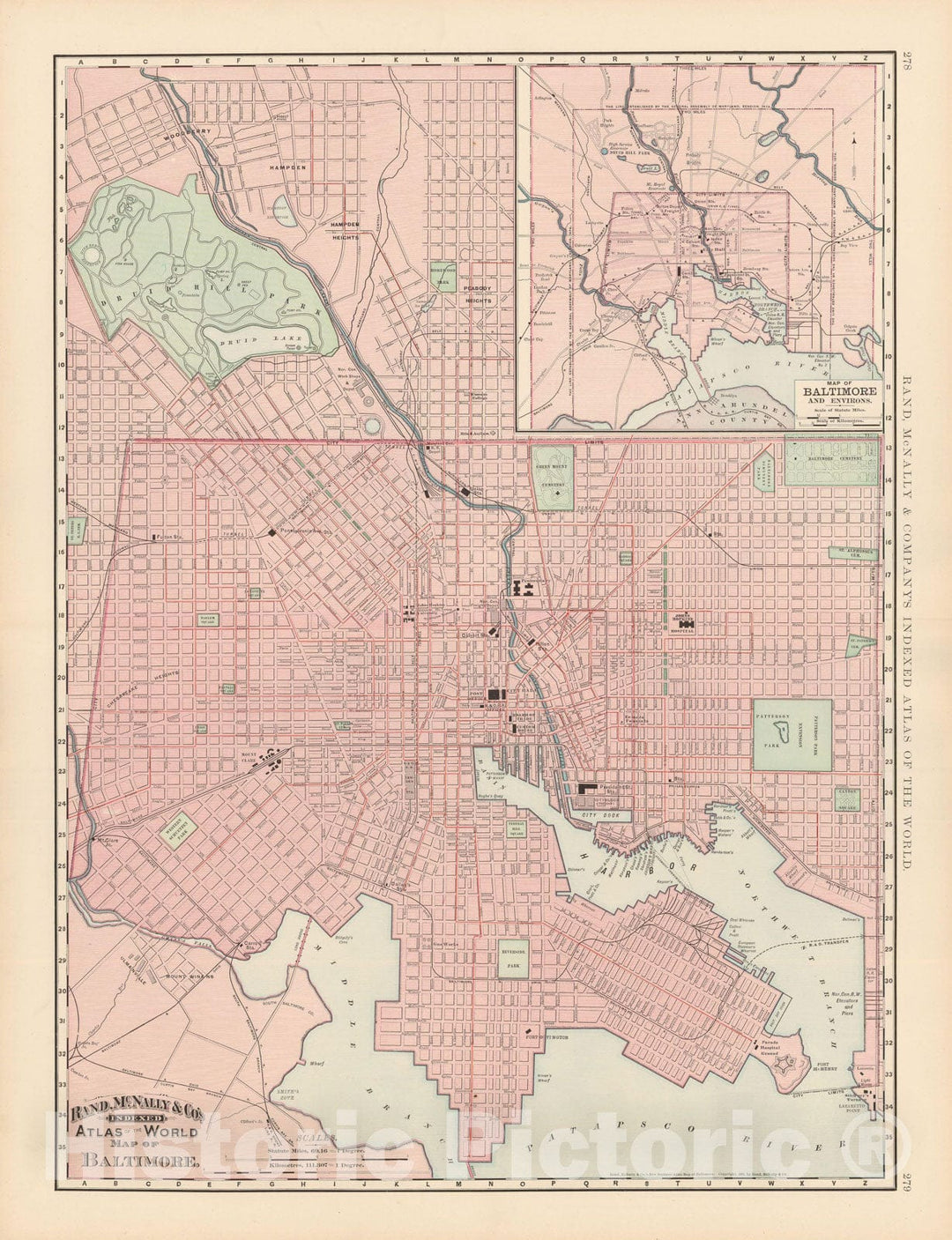 Historic Map : Baltimore 1891 , Rand McNally's Atlas World , Vintage Wall Art