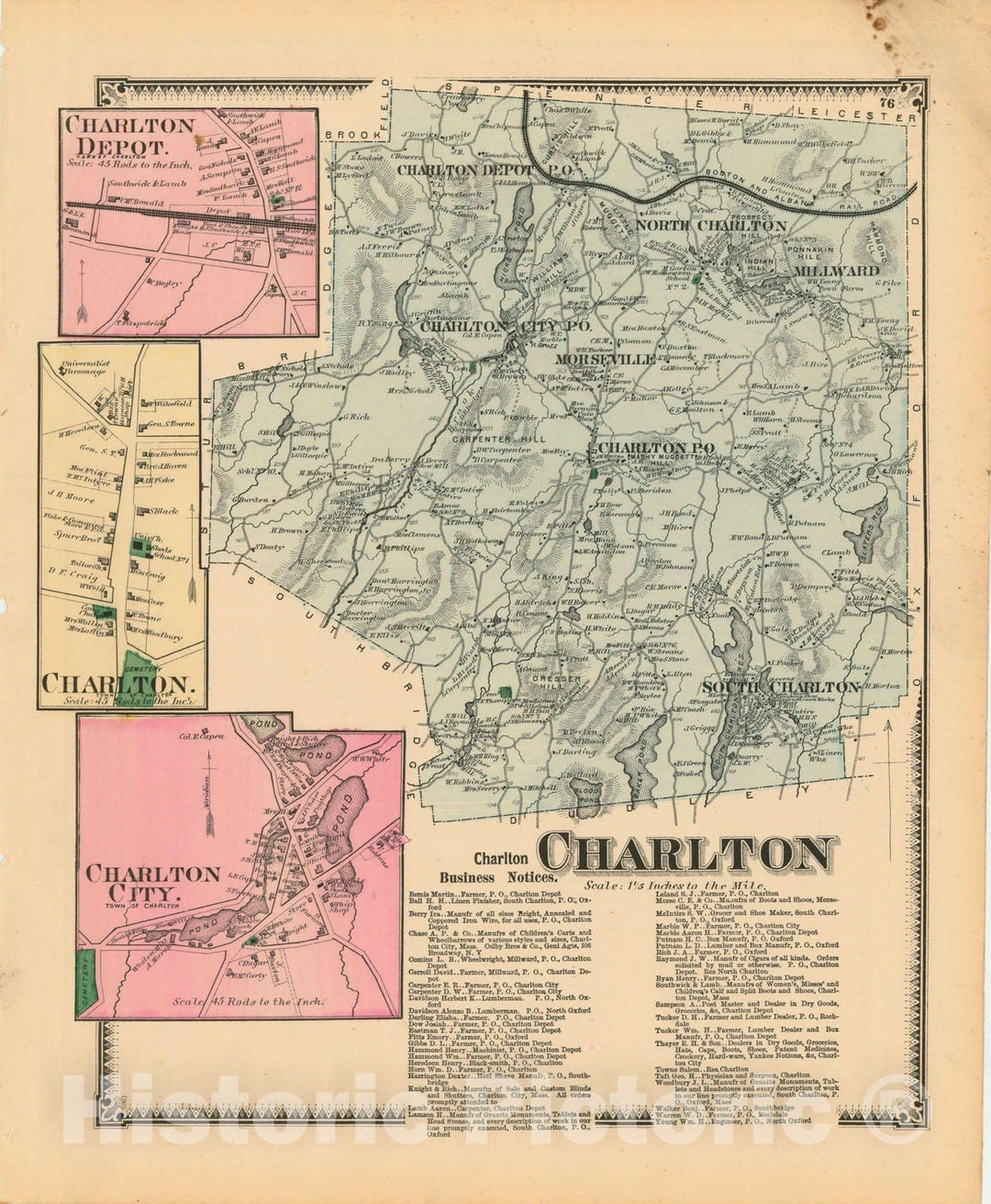 Historic Map : Atlas of Worcester County, Massachsuetts, Charlton 1870 , Vintage Wall Art