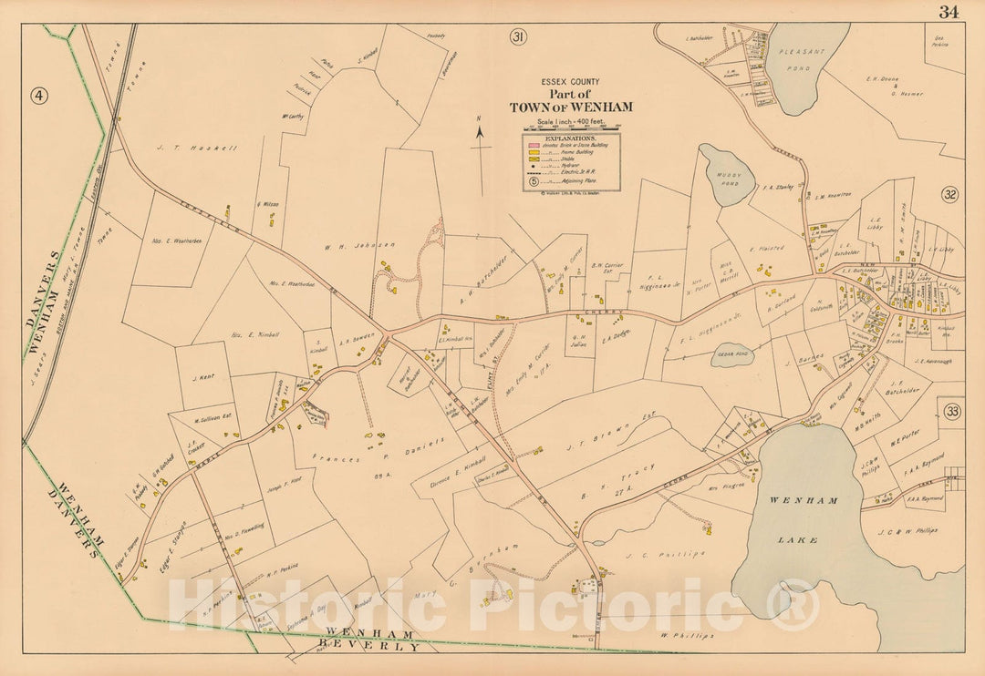 Historic Map : Atlas Towns of Topsfield, Ipswich, Essex, Hamilton and Wenham, Essex County, MA, Wenham 1910 Plate 034 , Vintage Wall Art