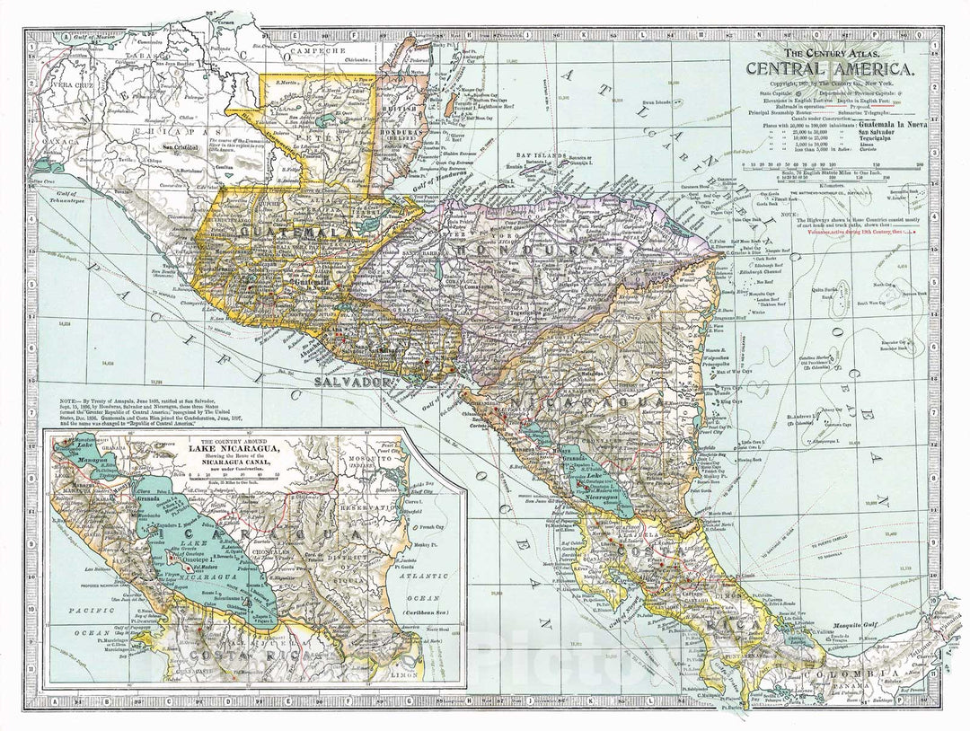 Historic Map : Nicaragua & Costa Rica & Belize & Guatemala & Honduras 1897 , The Century Atlas World , Vintage Wall Art